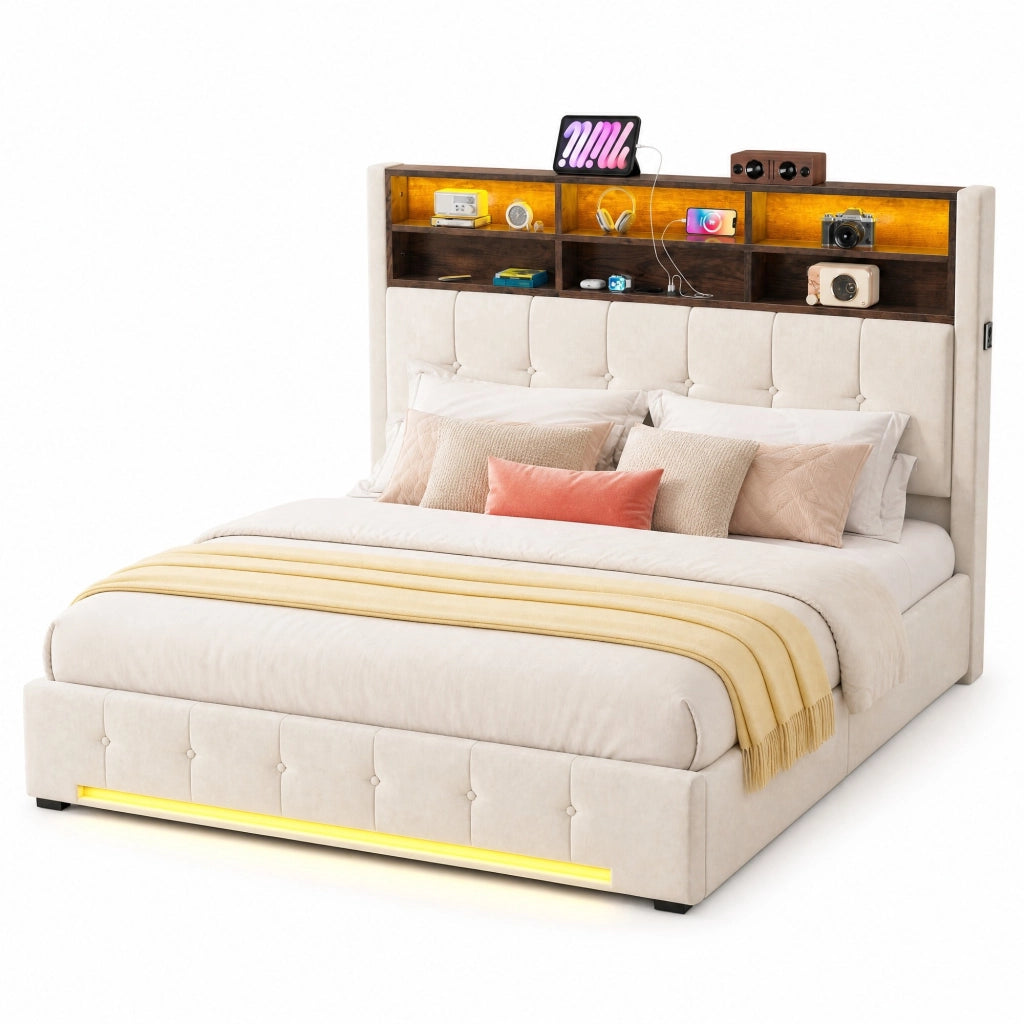 Letto matrimoniale 180 x 200 cm in velluto beige con contenitore; LED e USB-C