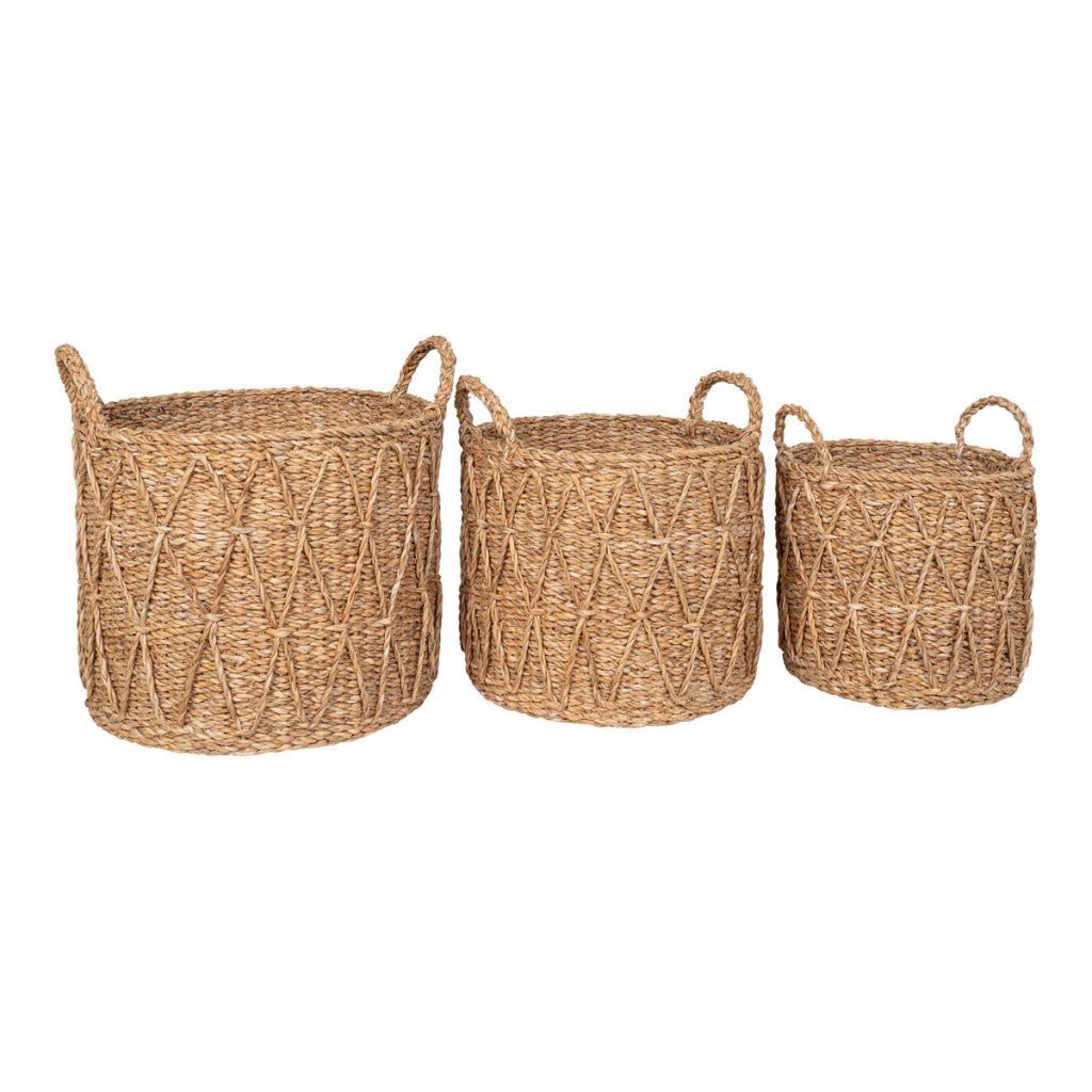 Set di 3 Cesti Portaoggetti Krabi, Marrone, Erba Marina, 28x28x25 cm