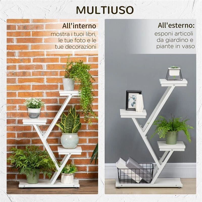 SCALETTA PORTAVASI A 4 LIVELLI PER INTERNI E ESTERNI IN MDF E ACCIAIO 50X24X81CM