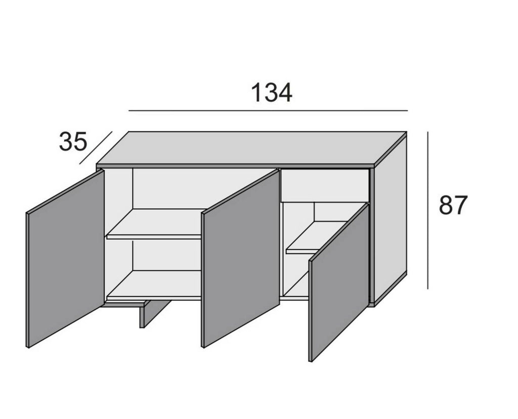Credenza Arius, Madia da salotto, Buffet da soggiorno a 3 ante e 1 cassetto, 100% Made in Italy, 134x35h87 cm, Bianco e Rovere