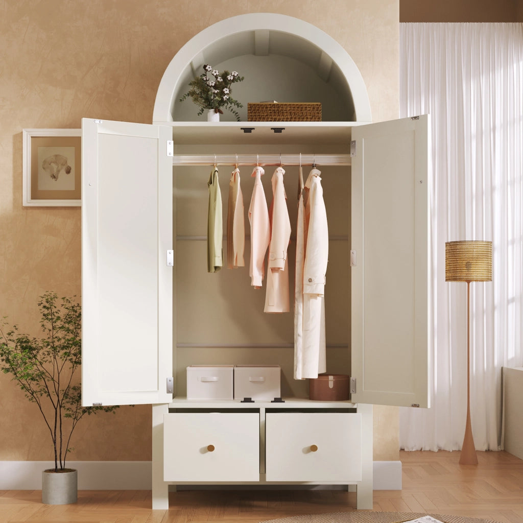 Armadio guardaroba in legno bianco 78x45x181 cm con 2 ante, 2 cassetti, vano aperto e asta appendiabiti