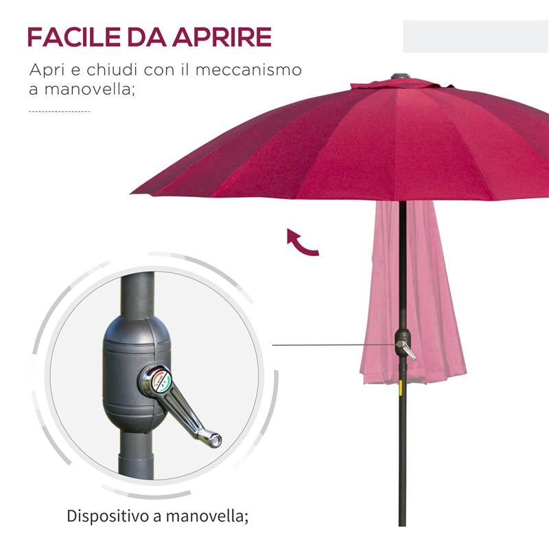 OMBRELLONE ROTONDO PIEGHEVOLE A 18 STECCHE CON MANOVELLA IN METALLO E POLIESTERE Ø 250X240 CM ROSSO VINO
