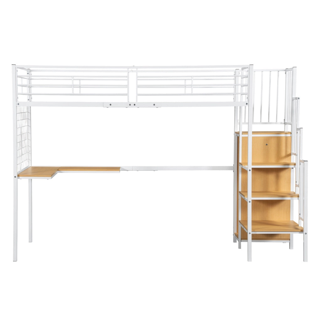 Letto a soppalco 90x200 cm con armadio; scala laterale; MDF e metallo bianco naturale