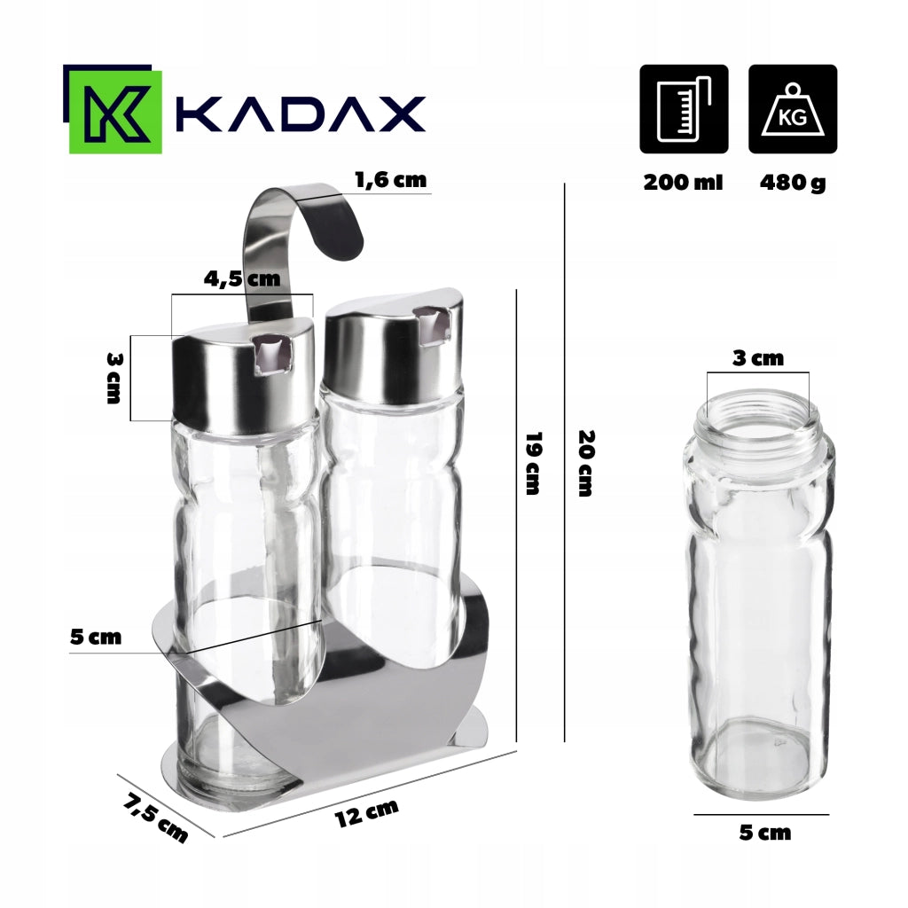 Set di 2 bottiglie in vetro KADAX da 0,1 l per olio d'oliva e aceto, con supporto.