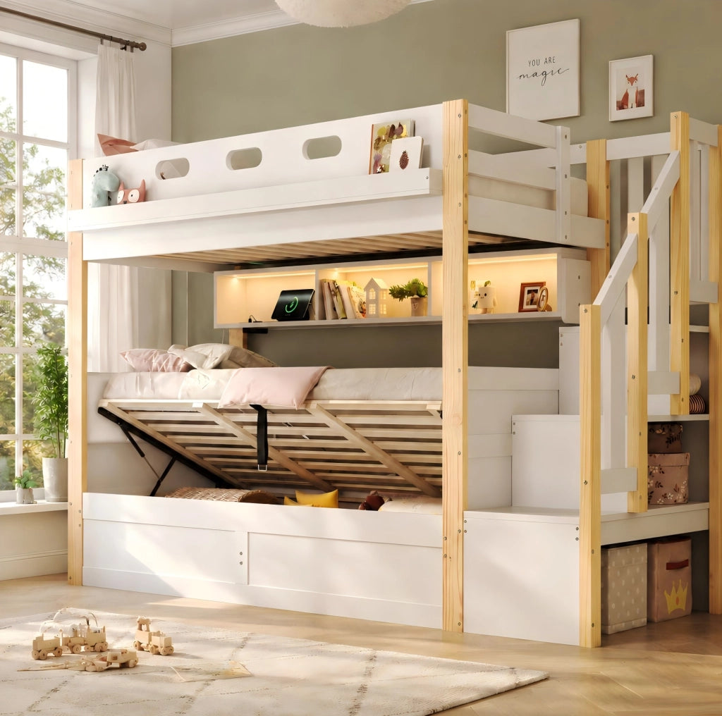 Letto a castello 90x200 cm in pino e MDF con contenitore idraulico; scala contenitore; bianco