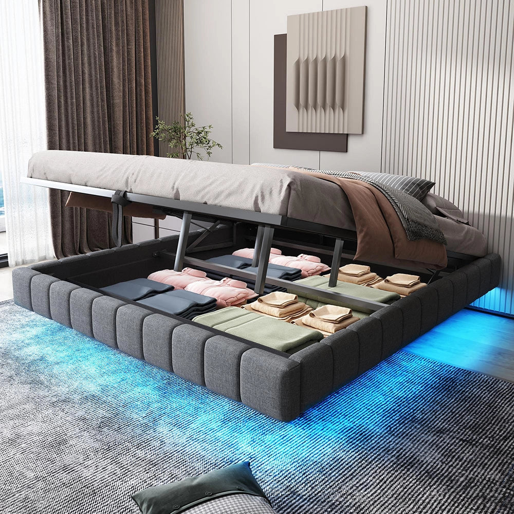 Letto-Xylo-180x200 cm-idraulico, LED, senza testiera, lino grigio