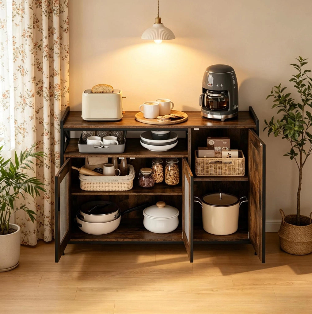Mobile contenitore stile industriale in legno e metallo rustico 110x33x75 cm con ripiani regolabili
