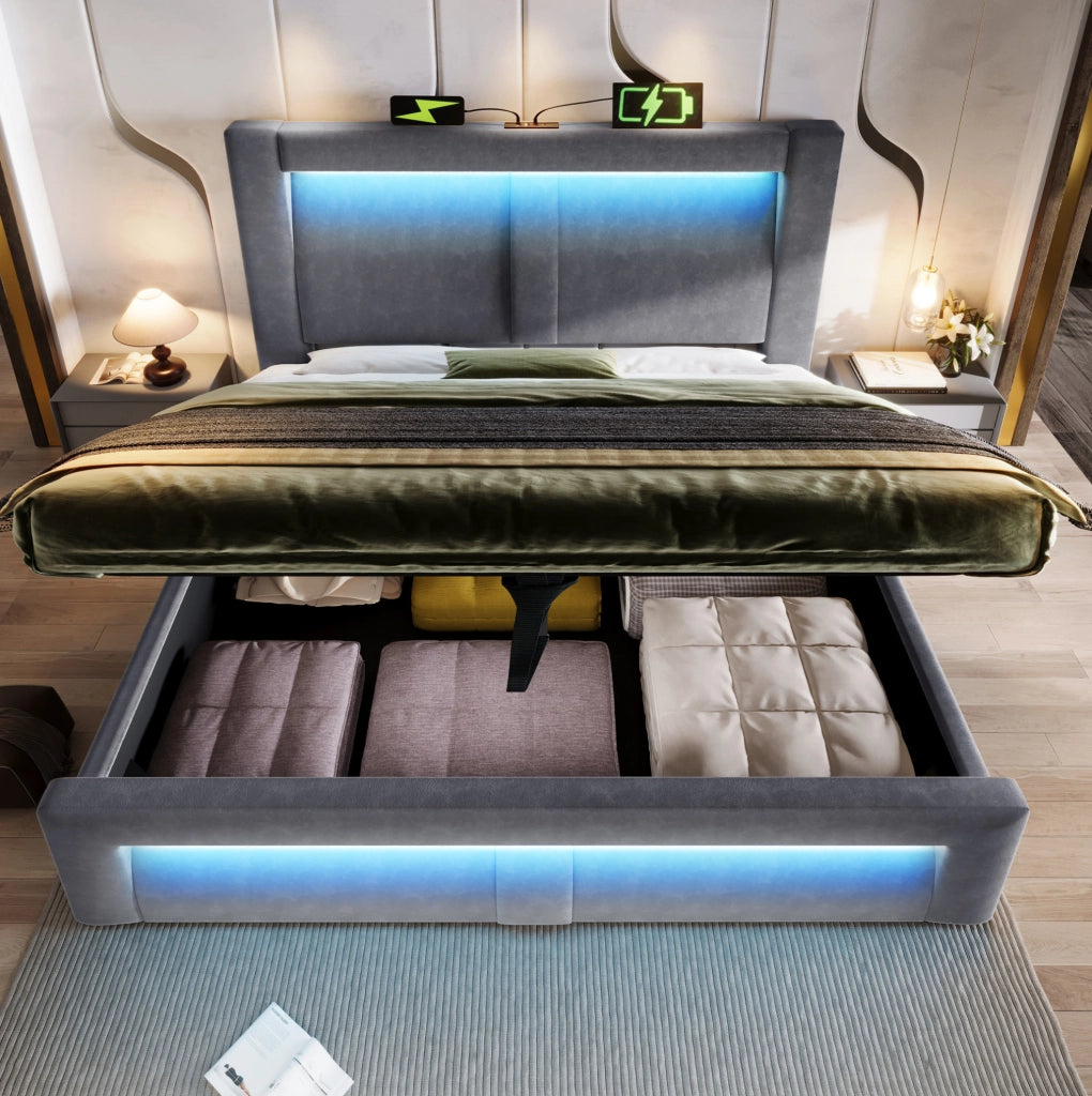 Letto matrimoniale con contenitore 140x200 cm; LED; USB e Type-C; velluto grigio