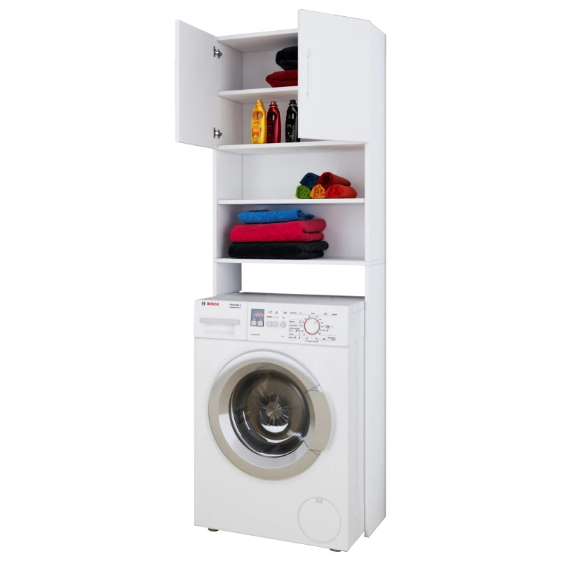 Colonna Lavanderia – Coprilavatrice con Ripiani In Legno Bianco H190 × L64 × P25 cm Soluzione Salvaspazio per Bagno e Lavanderia
