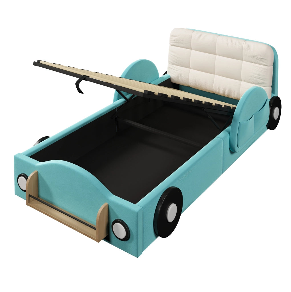 Letto imbottito 90x200 cm con contenitore idraulico; tasche laterali e cuscino grande in flanella blu