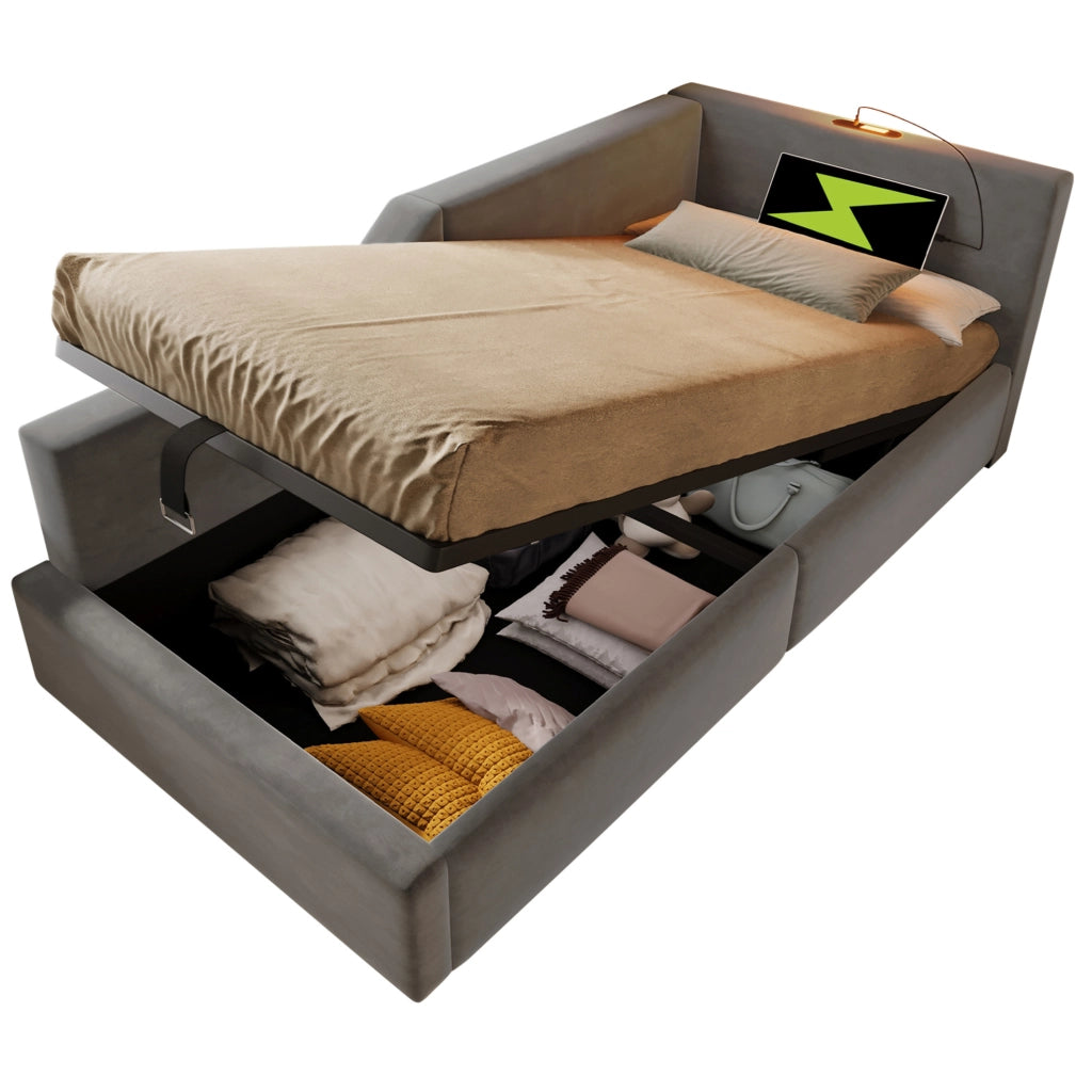 Letto a giorno 90x190 cm con contenitore; lampada da lettura e USB C; velluto grigio