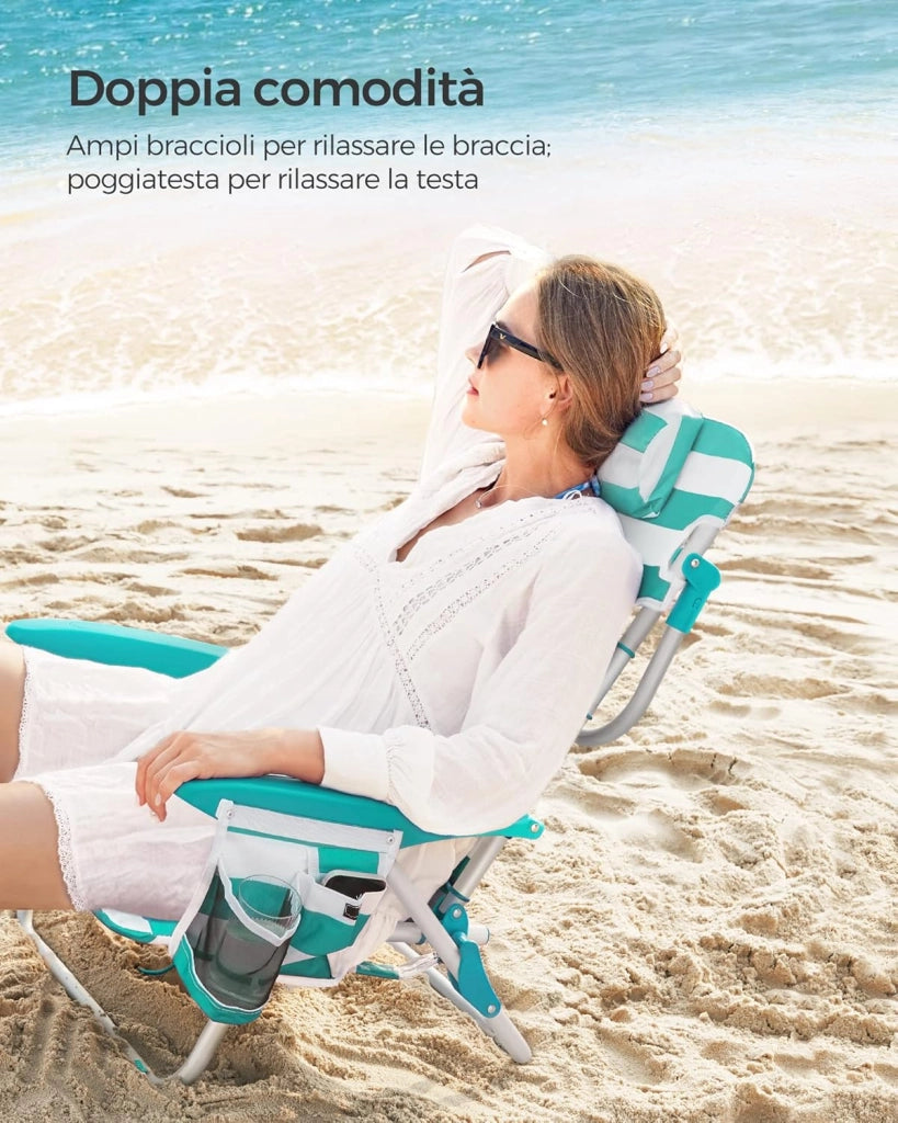 SONGMICS Sedia da spiaggia, sedia da campeggio pieghevole, con tracolla, schienale regolabile, poggiatesta, bracciolo, 2 tasche laterali, verde e bianco GCB62JW