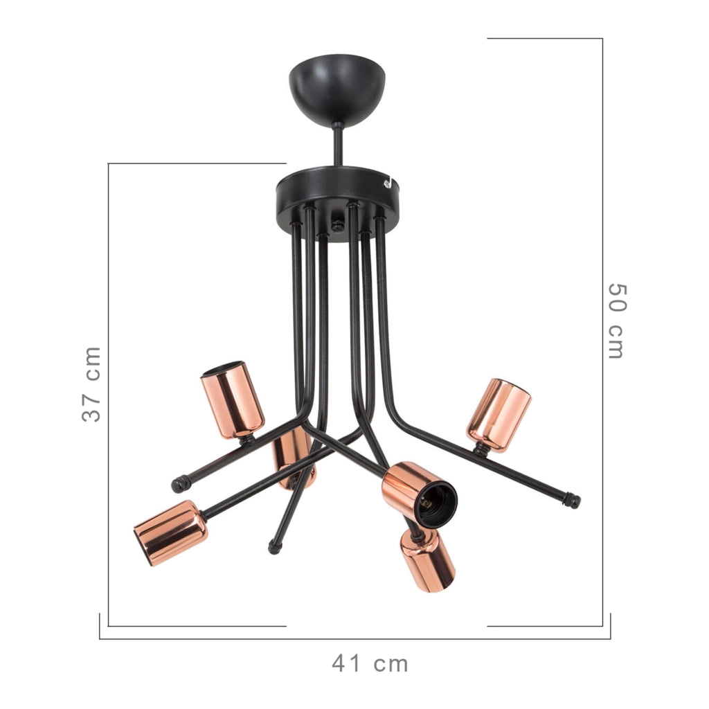 Plafoniera 'Halesowen' a 6 Fonti di Luce - Lampadario in Metallo Senza Paralume - Nero/Rame  [lux.pro]