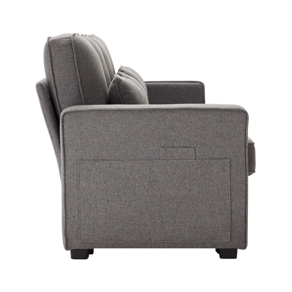 Divano 4 posti con cuscini ¨C Minimal ¨C tessuto grigio chiaro, braccioli con portaoggetti e porte USB