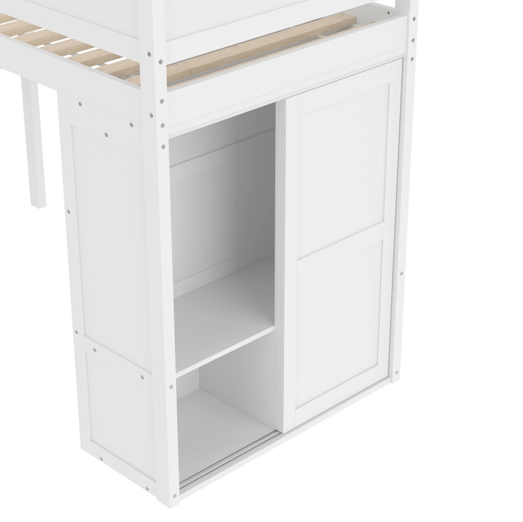 Letto a soppalco 90x200 cm con armadio e vano contenitore in legno e MDF bianco
