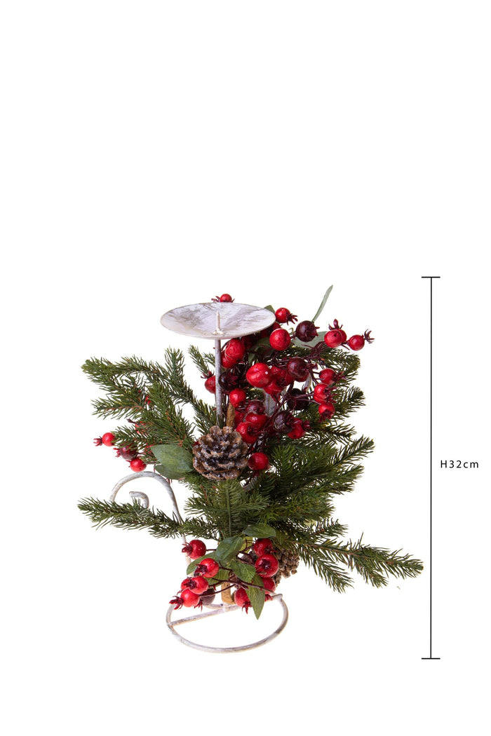 Centrotavola Natalizio 32 cm per 1 Candela con Bacche Rosse