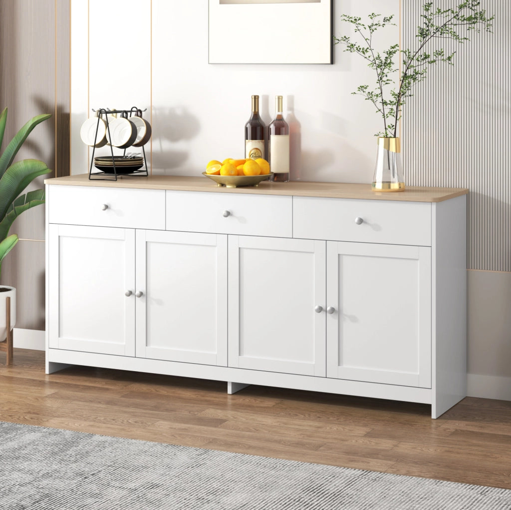 Credenza 160x37x75 cm bianca e color legno in MDF, 4 ante e 3 cassetti