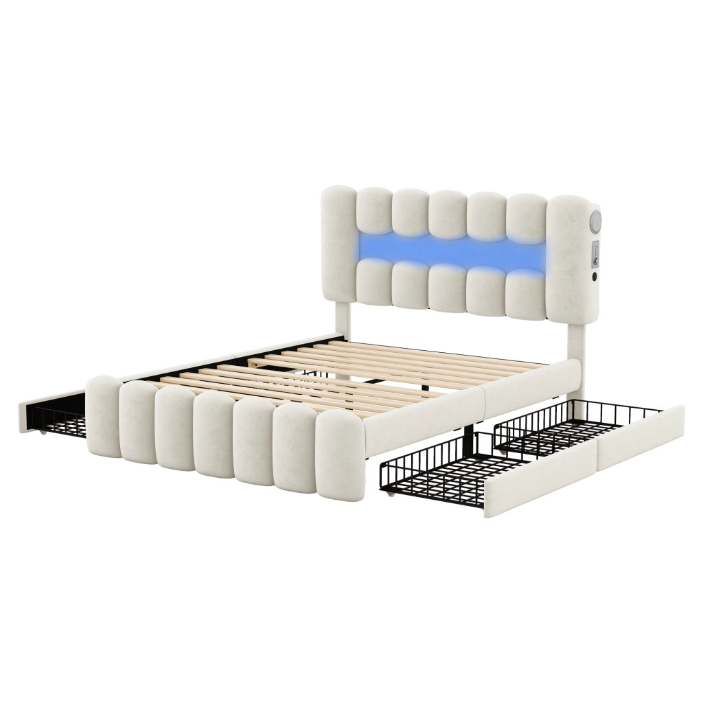Letto imbottito con LED e stereo - Zephmum- 160x200cm- Beige- 4 cassetti