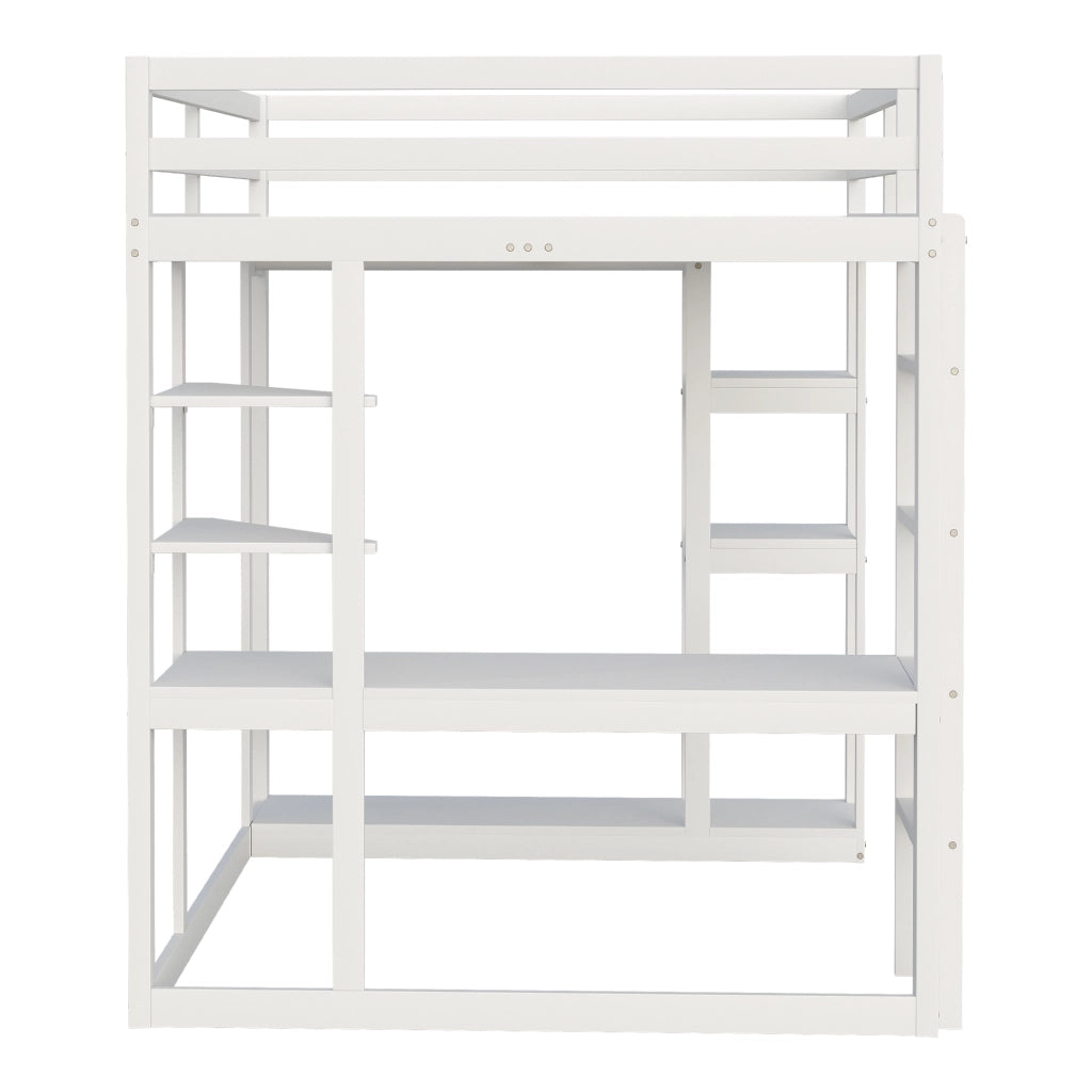 OKWISH Letto a soppalco 140×200 cm, Letto Matrimoniale con Scrivania, Mensole e Appendiabiti, senza Materasso, in Legno, Bianco