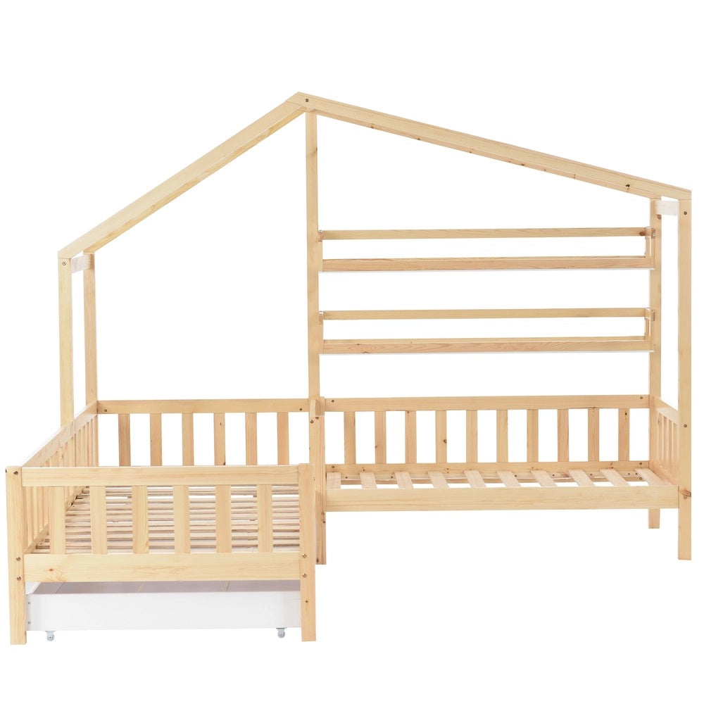 Letto Casetta per Bambini con Cassetti e Doghe ¨C MINIMAL ¨C Legno Massello Naturale 90x200 + 140x70
