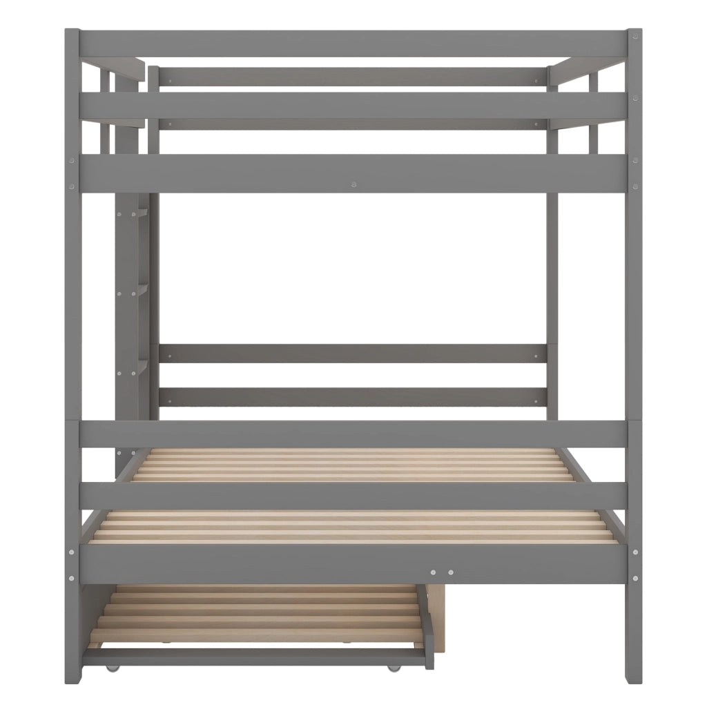 DESMIU Letto a castello 140 × 200 cm 3 posti con letto estraibile e scala, senza materasso, in pino e MDF, grigio