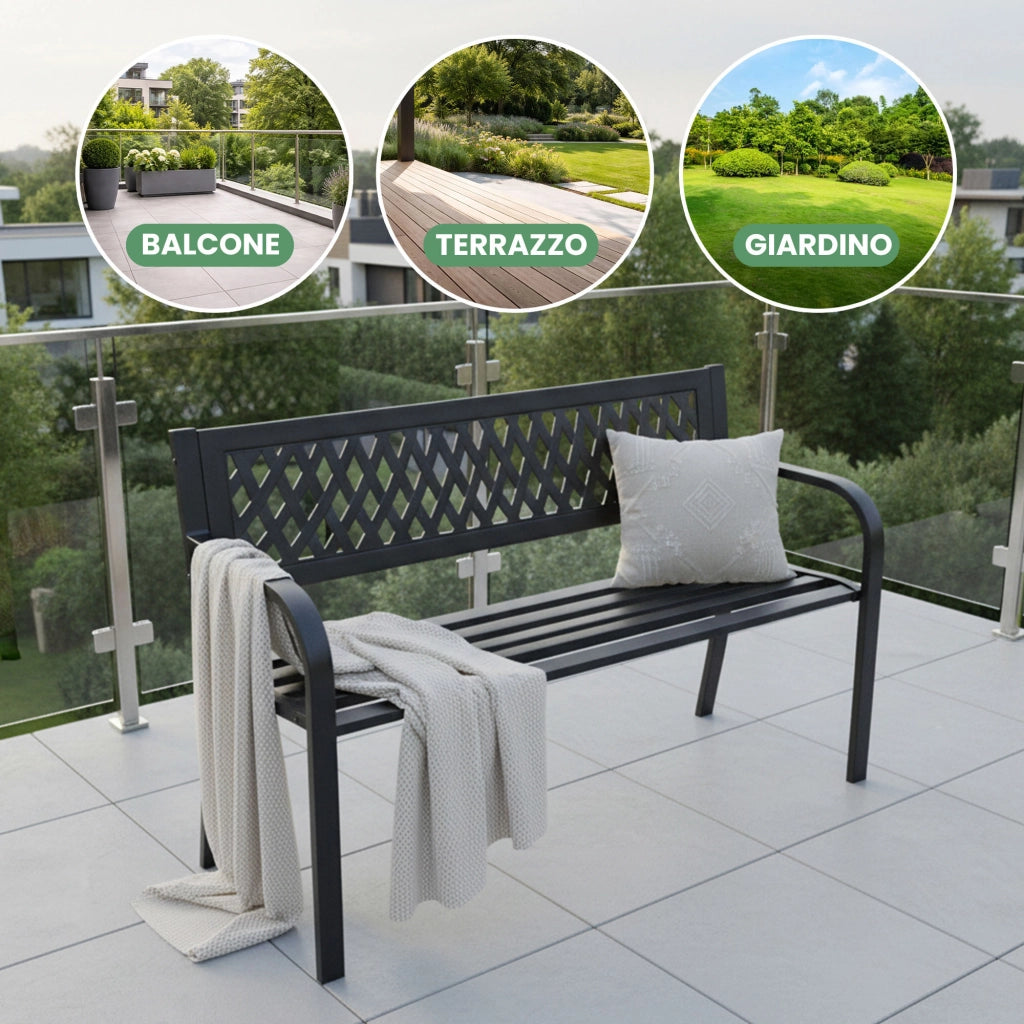 Panchina da giardino nera KALIA con gambe in acciaio larghezza 122 cm
