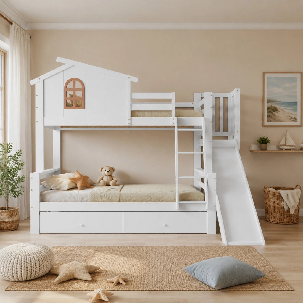 LETTO a castello con finestra e scivolo 90x200/120x200 cm Bianco