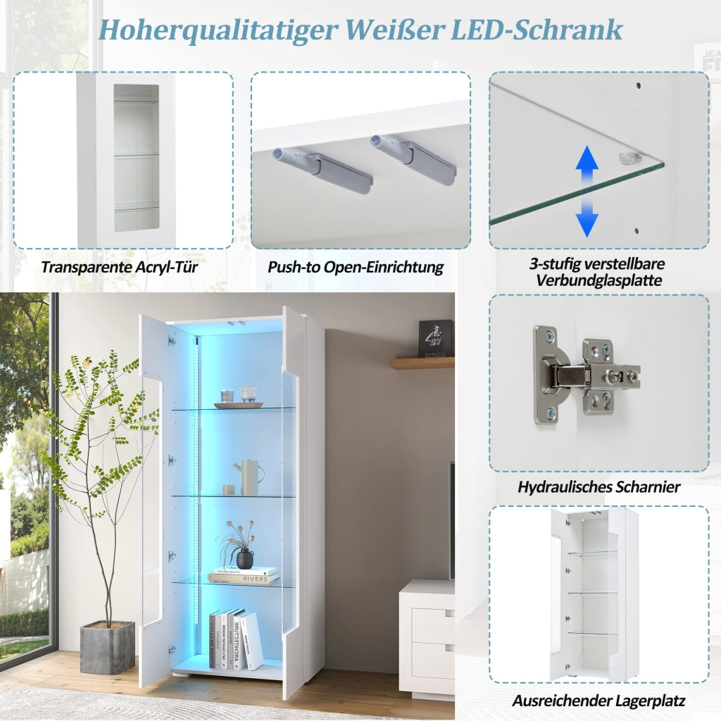 VETRINA 70x40x173 cm 2 Ante Acrilico MDF Bianco con LED