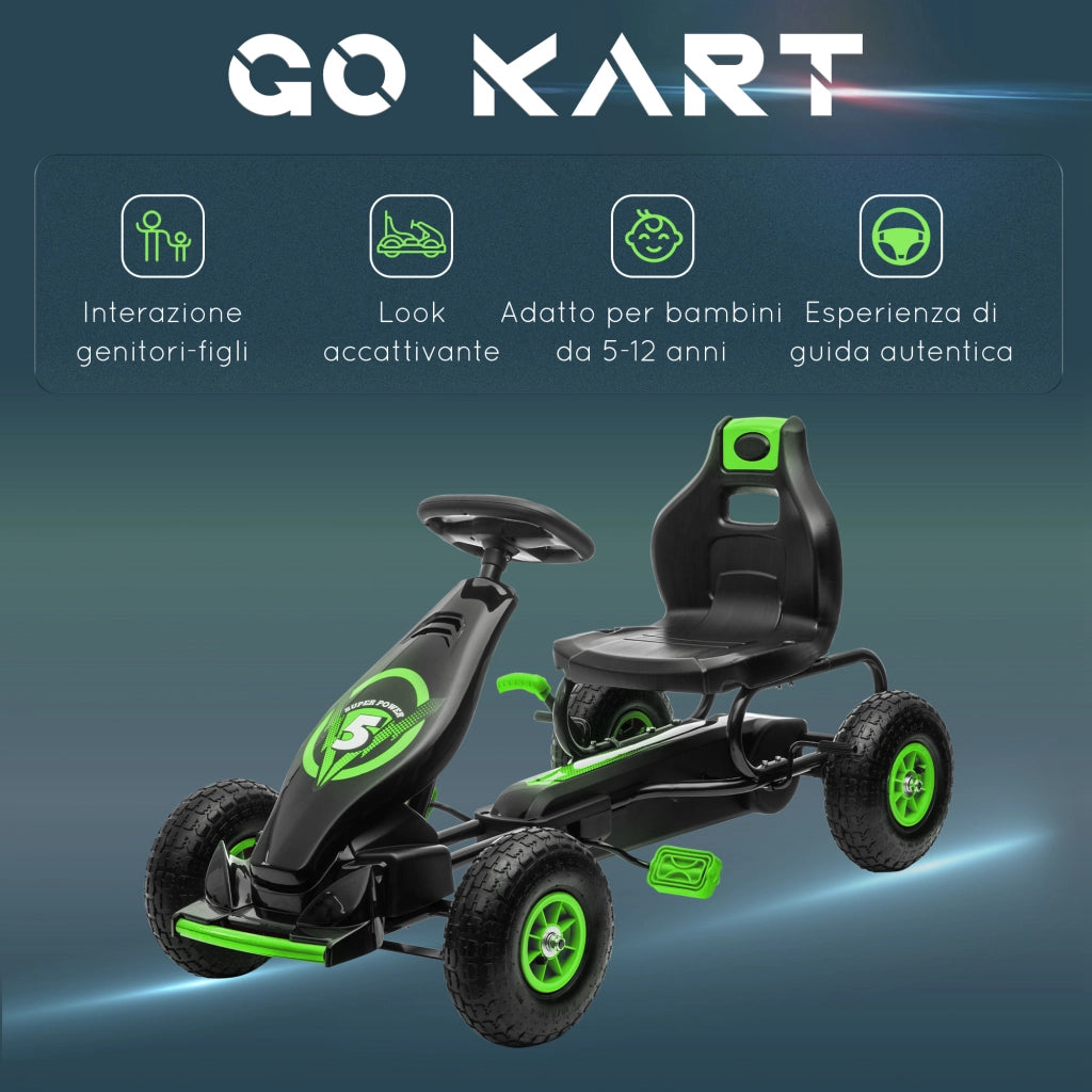 Go Kart a Pedali per Bambini 5-12 Anni 121x58x61 cm in Metallo e PP Verde e Nero