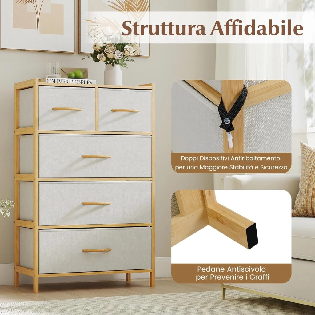Cassettiera a 5 Cassetti, Torretta Contenitore in Bambù con 5 Cassetti Pieghevoli in Tessuto e Ripiano Superiore, Cassettiera Verticale Alta per Camera da Letto, Soggiorno, Naturale