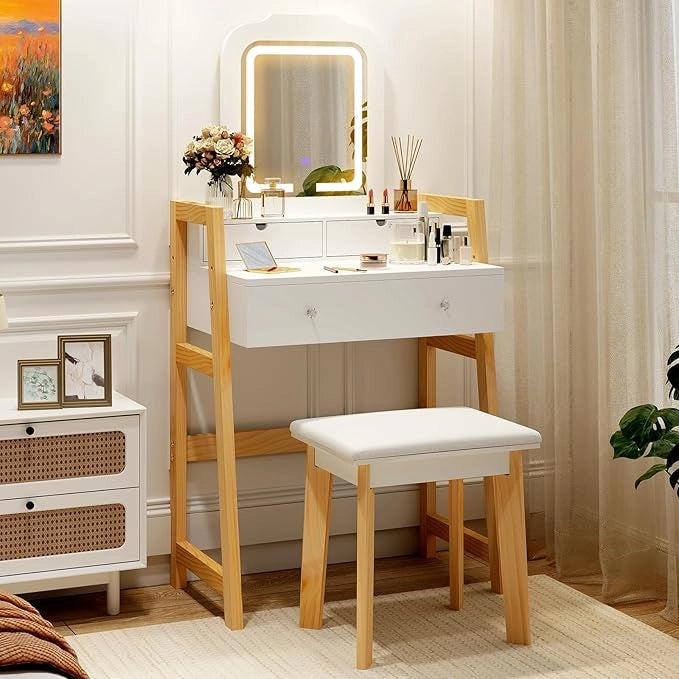 Set di Tavolo da Toeletta, Tavolo da Trucco con Sgabello e Specchio Regolabile in Altezza, 3 Cassetti, Bianco Moderno Minimalista