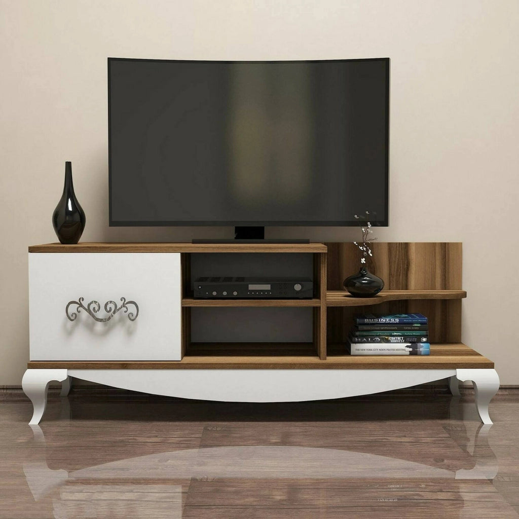 Mobile porta TV Assolo, Credenza da soggiorno, Armadio basso per TV, Base parete attrezzata, 130x45h51 cm, Noce e Bianco
