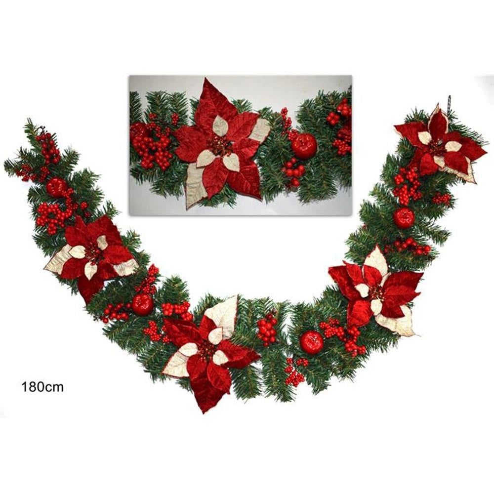 Trade Shop - Ghirlanda Natalizia Stella Di Natale Fiori E Bacche Decorazioni Natalizie 180cm -