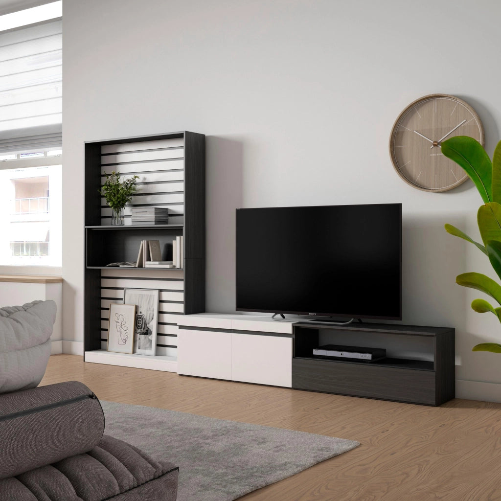 Mobile TV, Soggiorno, 310x35x186cm, Per TV fino a 80", Set di mobili, Bianco e nero RF2848