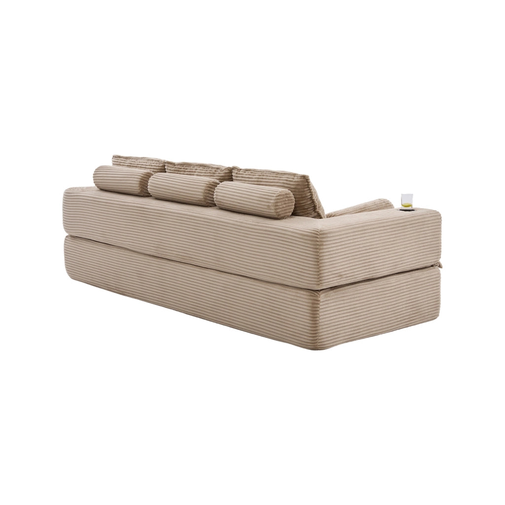 Divano letto modulare 3 posti con tasche laterali e portabicchieri in corda khaki 232×98×80cm