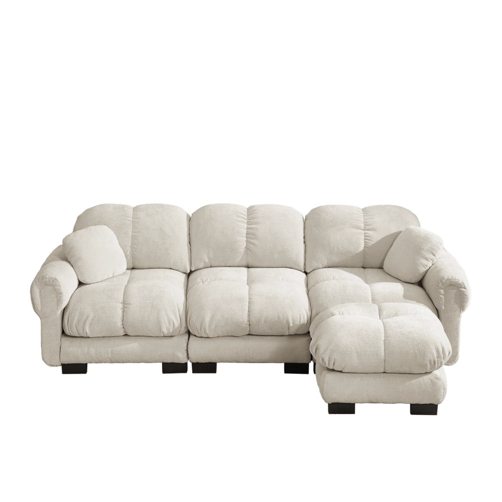 Divano angolare modulare 3 posti in chenille con pouf mobile; 260x149x90 cm; kaki chiaro