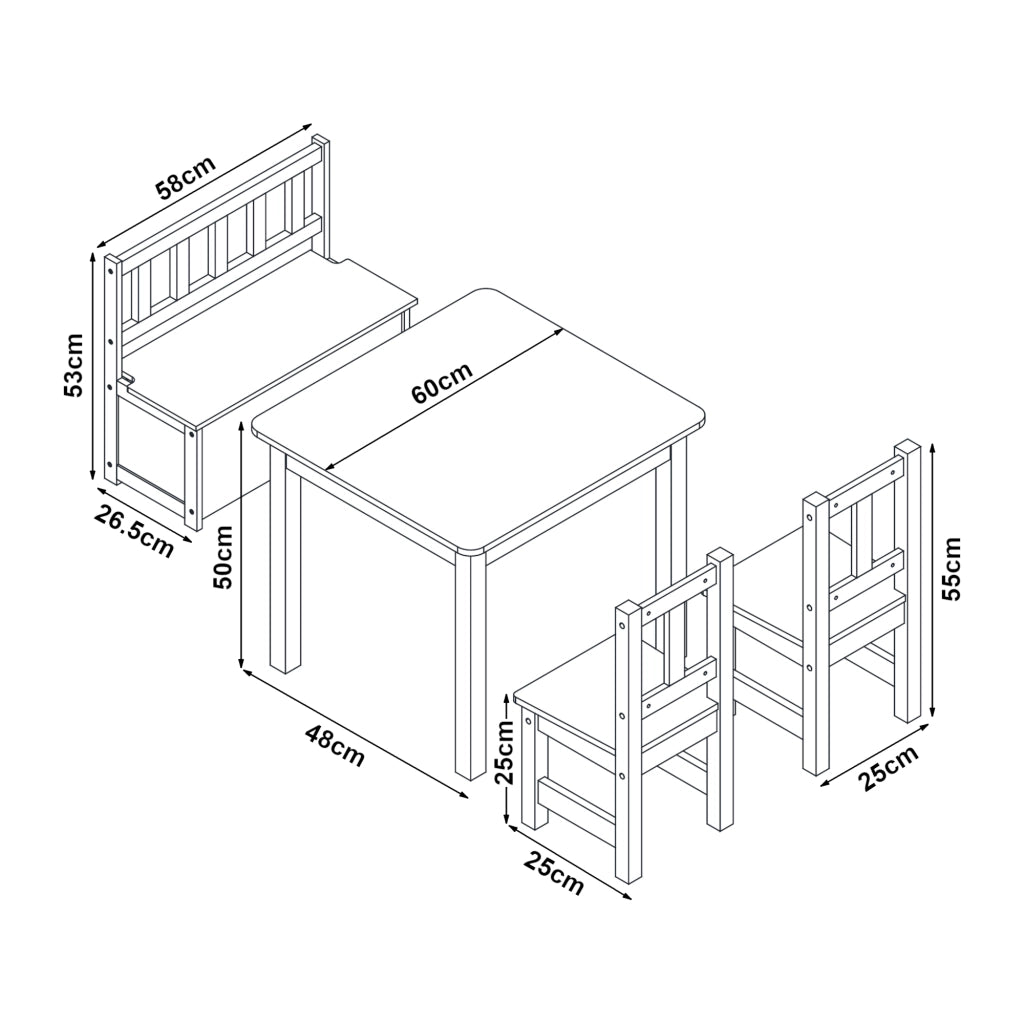 Set 'Lousame' Mobili per Cameretta Composto di 1 Tavolo, 2 Sedie e 1 Cassapanca - Bianco/Naturale [en.casa]