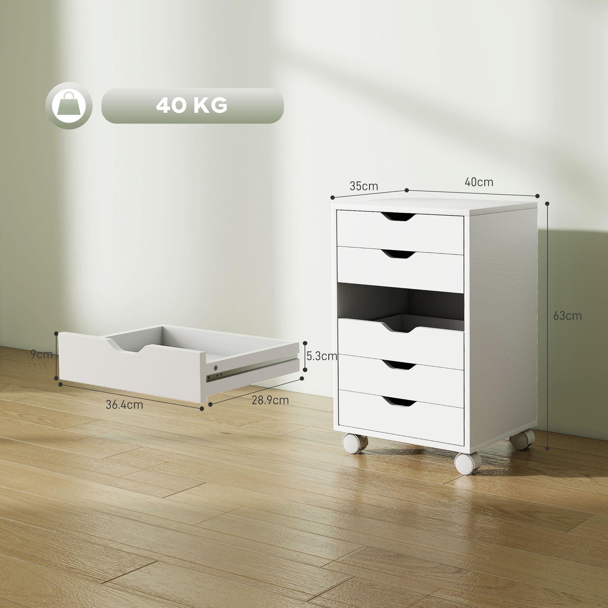 Cassettiera da Ufficio a 6 Cassetti 40x35x63 cm con 4 Ruote e Blocco Bianco