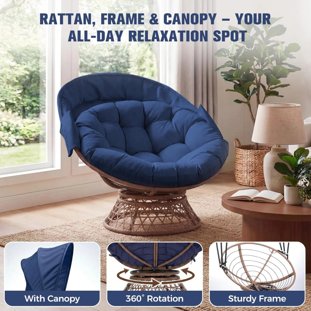 Poltrona da papasan, comoda poltrona girevole con cuscino rotondo, comoda poltrona in rattan, girevole, in vimini, per soggiorno, angolo lettura, lounge – blu