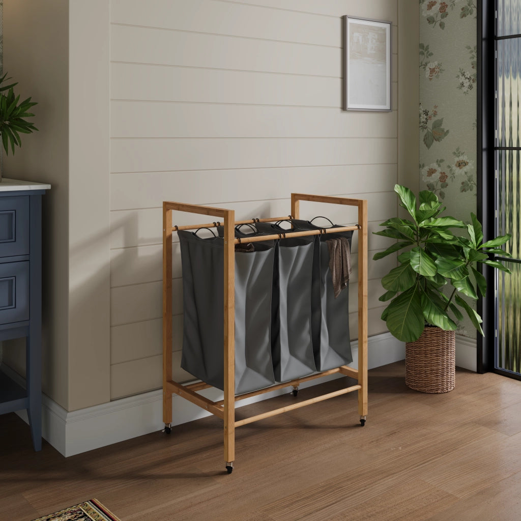 Cesto portabiancheria in bambù con 3 scomparti, 90 L, con ruote, sacco removibile, colore Carbone/Naturale