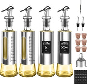 Set di bottiglie per olio e aceto con scala di misura, Bottiglie di olio con finestra di riempimento, Cucchiaio, Etichette, Gomma, Penna e Spatoline per olio (4)