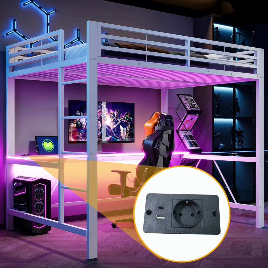 Letto a soppalco 140 × 200 cm con scrivania, LED e USB, senza materasso, metallo e MDF, bianco