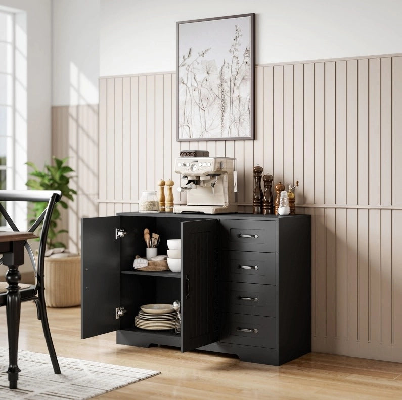 Credenza 105x40x76 cm nera – 4 cassetti, ripiano regolabile