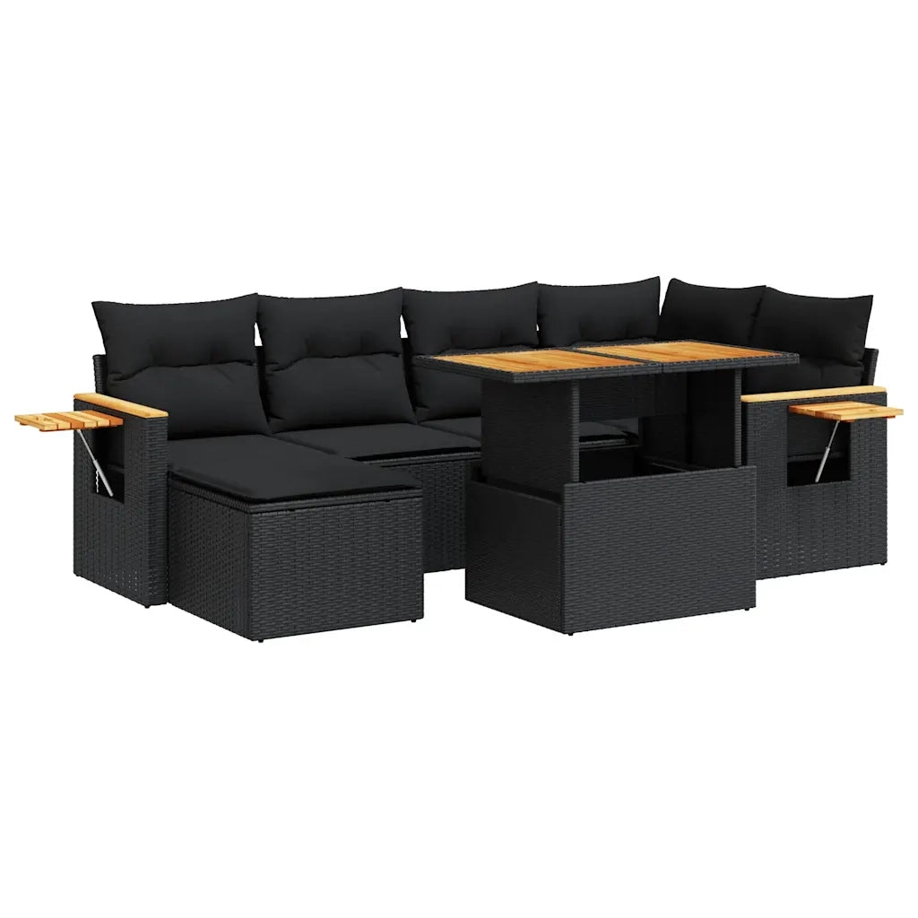 Set Divani da Giardino con Cuscini 7pz Nero Polyrattan Acacia