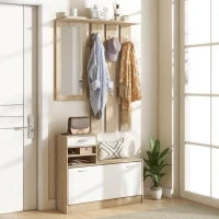 Mobile Appendiabiti 3 in 1 con Scarpiera e Specchio, Ganci e Cassetti, in Legno, 90x24x177 cm, Bianco e Quercia