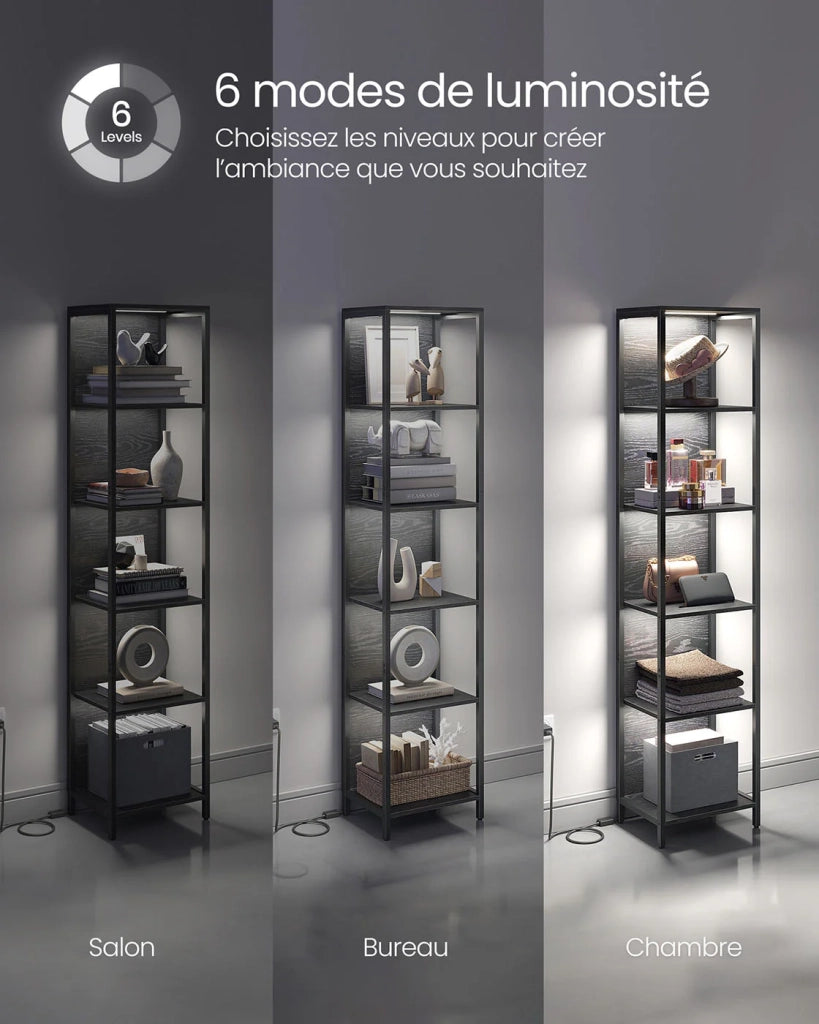 Libreria a LED a 6 ripiani con luce regolabile unità di archiviazione con struttura in acciaio 303 x 60 x 178,6 cm per soggiorno camera da letto ufficio finitura in legno nero 12_0004275