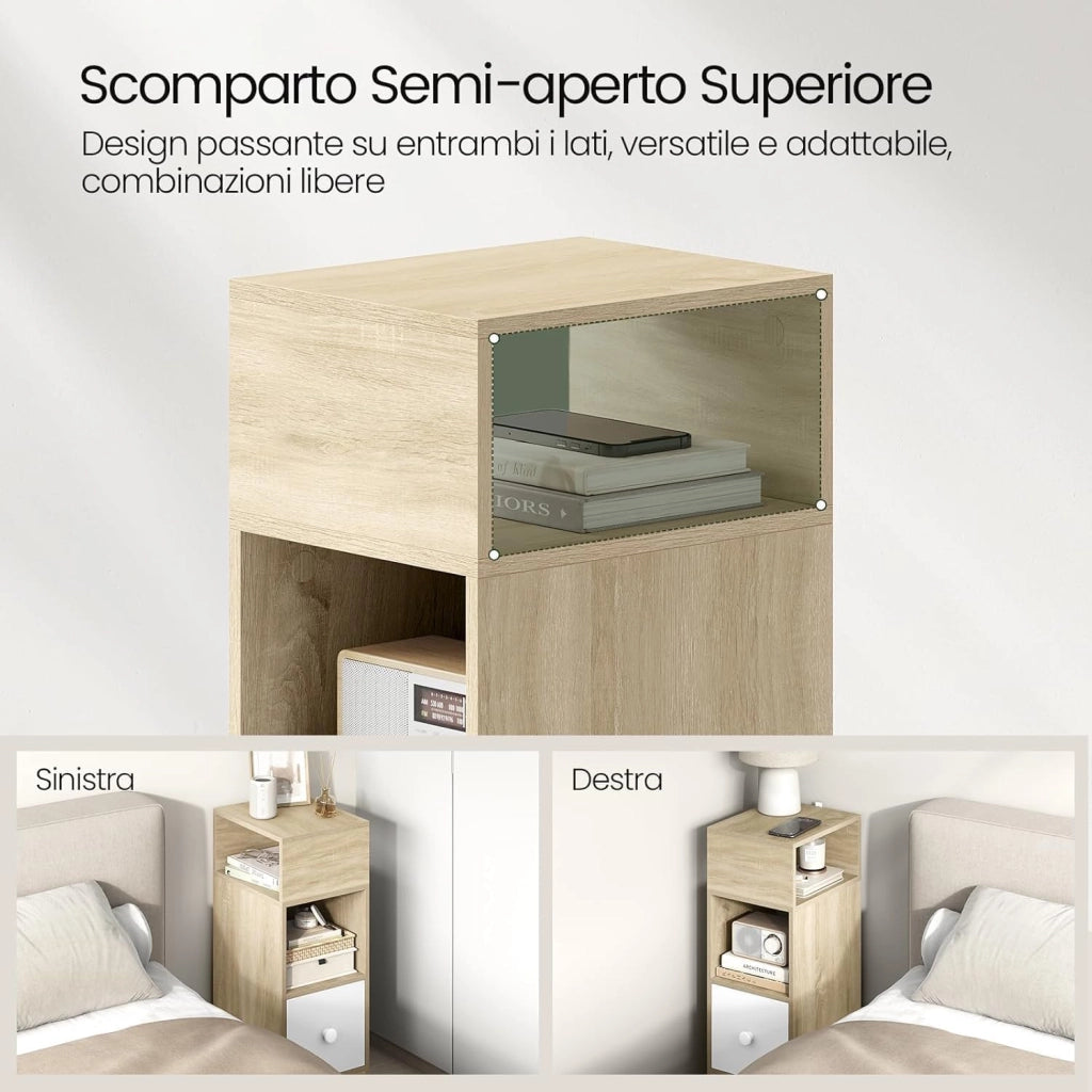 Set di 2 Comodino Stretto, Comodino con 2 Scomparti a Giorno e Cassetto, Tavolino da Notte 25x30x66cm, Mobile Salvaspazio per Camera da Letto, Soggiorno, in Truciolato, Rovere, 0192ZZ-2