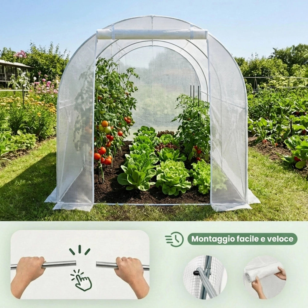 Serra da giardino a tunnel con struttura in metallo e telo in PE 1 porta 6 finestre Bianco 200x300x200 cm