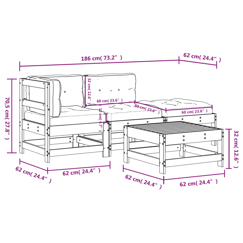 Set Divani da Giardino 4 pz con Cuscini in Legno Massello 3186025