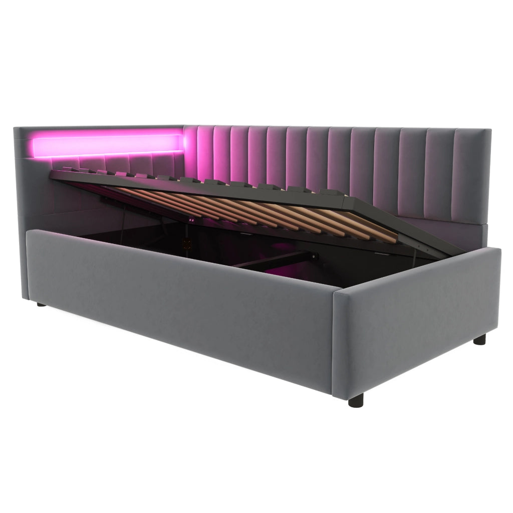 Letto imbottito singolo 90×200 cm con contenitore; LED e rete; senza materasso; velluto; grigio